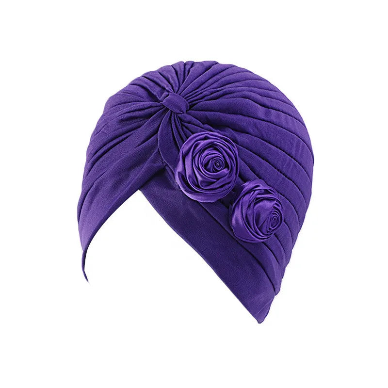 New Flower Decoration Turban, Solid Color Women's Head Wrap, Fashion Headwear, Bandana Cap