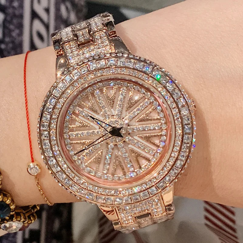 High Quality Fashion Spinning Dial Women Watches Quartz Designer Waterproof Bracelet Watch With Rhinestone Crystal