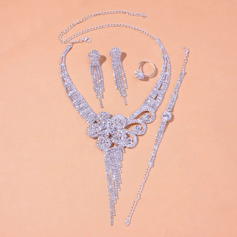 Luxury Tassel Chain Rhinestone Flowers Necklace Sets Crystal African Jewellery Set