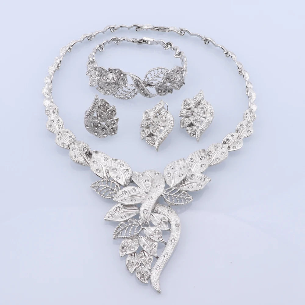 Dubai Silver Plated Necklace Bracelet Earrings Ring Jewelry Set for Women