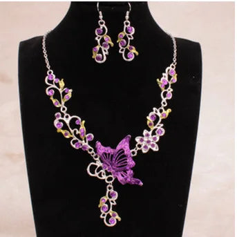 Wedding Bride Rhinestone Jewellery Set Silver Plated Butterfly Choker Necklace Earrings Sets