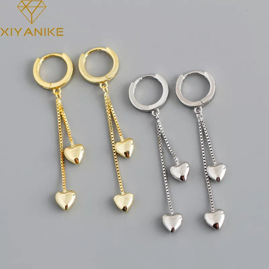 XIYANIKE Silver Color Double Heart-shaped Tassel Hoop Earrings For Female Fashion Trend Cute Mujer Collares Party - Hiron Store