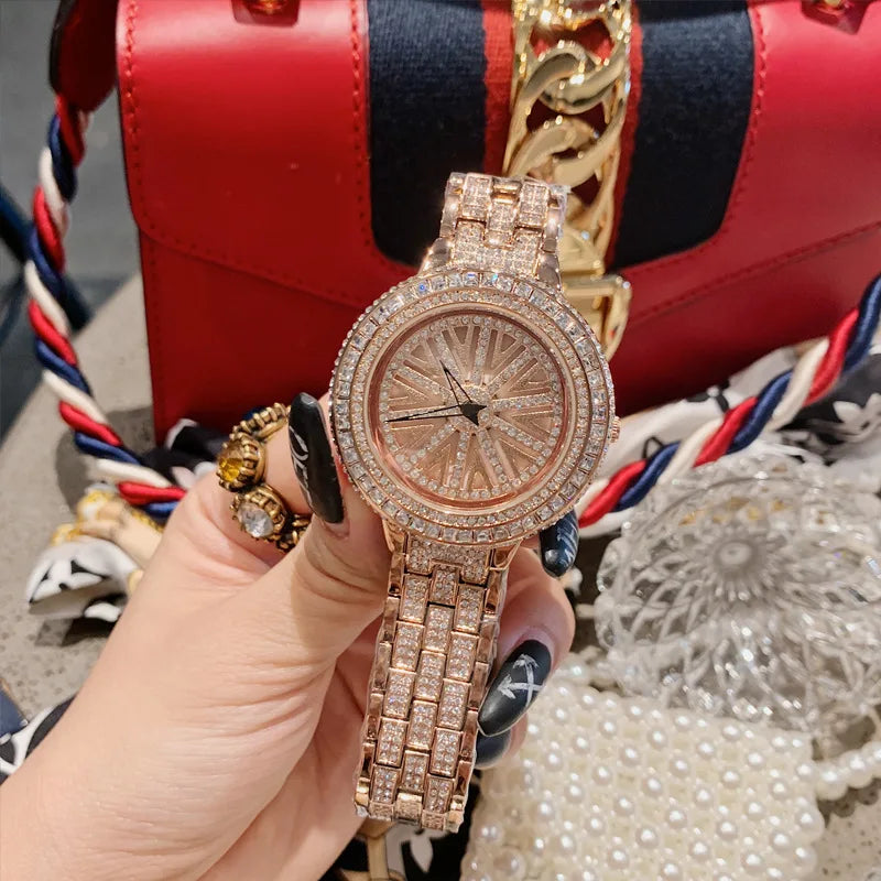 High Quality Fashion Spinning Dial Women Watches Quartz Designer Waterproof Bracelet Watch With Rhinestone Crystal