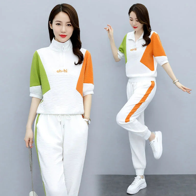 Women's Fashion Pencil Pant Suit 2024 New Summer Leisure Clothing Foreign Style Crop Top Two Piece Set Women Leggings Tracksuit - Hiron Store