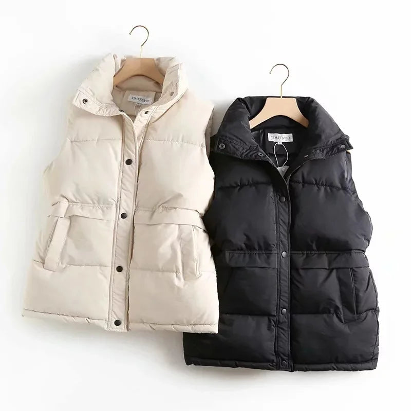 Winter Women Solid Loose Vest Drawstring Stand Collar Long Vest Jacket  Cotton Padded Windproof Warm Waistcoat