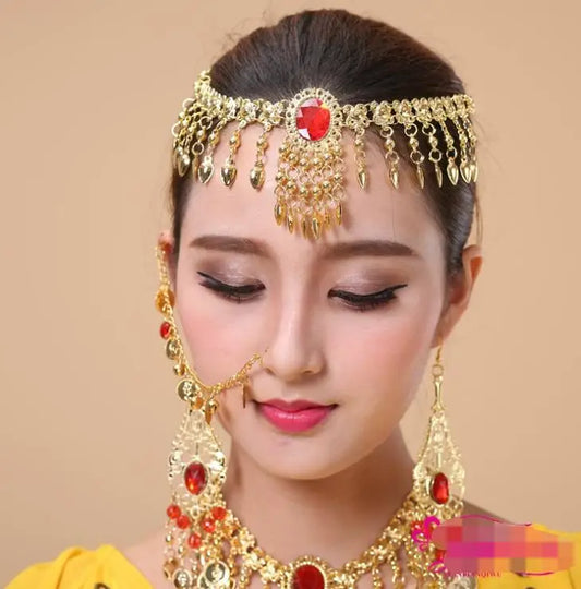 Indian jewellery head Accessories Golden Finger Bracelet Shining Red Crystal Girl's Belly Dance Bracelet Jewelry