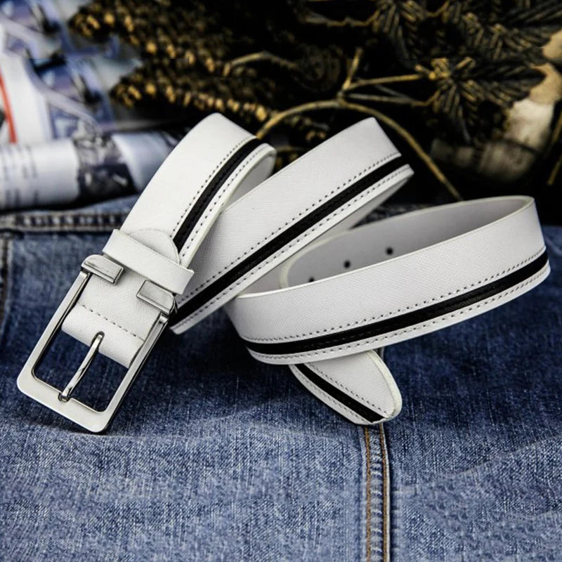 Cowhide Business Belt Men Male Waist Strap Leather Pin Buckle White Genuine Leather Belts