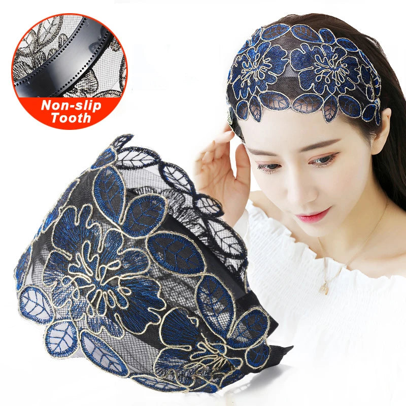 Lace Flowers Headband Women Hair Hoop belt Toothed Non-Slip Elastic Hairband Hair Accessories Hair belts