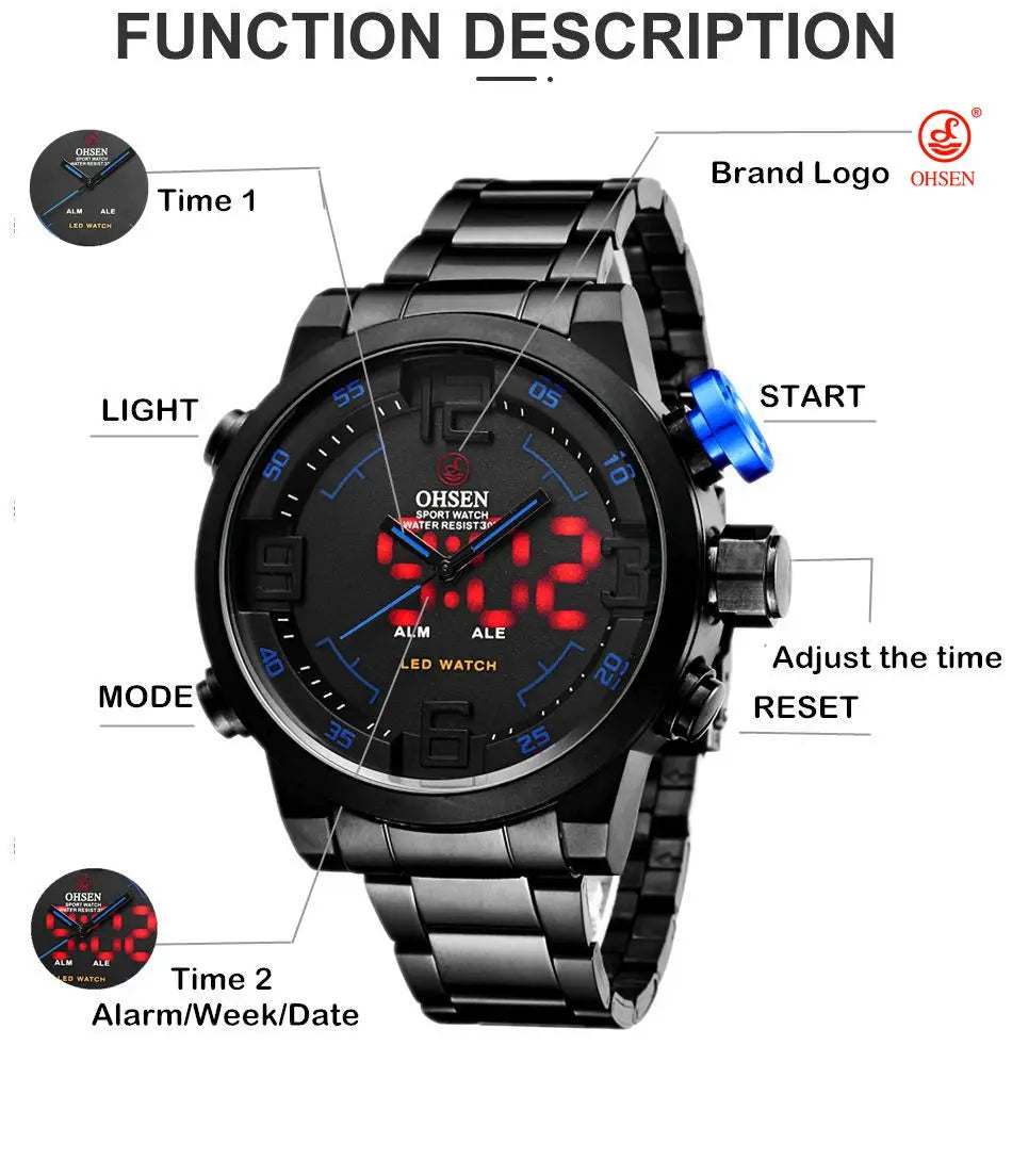 Sport Watch Men Digital Quartz LED Steel Strap Man Dual Time Watch 3ATM Waterproof Military Wristwatches Relogios