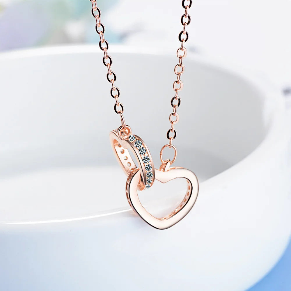 Sterling Silver Necklace Pendant Rose Gold Double Heart Crystal Jewelry