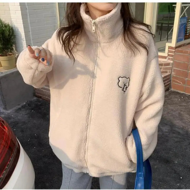 Winter Letter Pink Zipper coat Lamb Wool Keep Warm Mid-length Women Sweatshirt