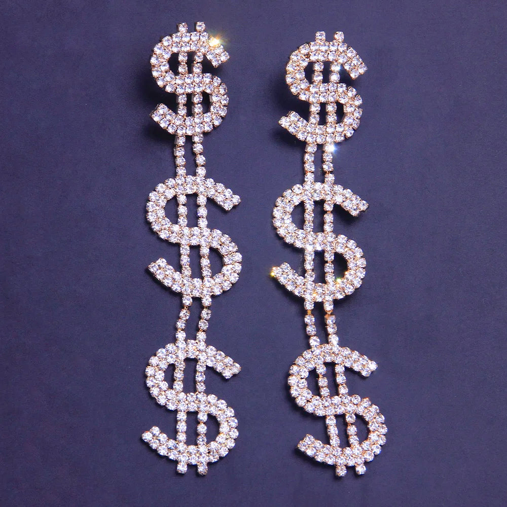 Long Dollar Earring Retro Jewelry Shiny Letter Rhinestone Earrings