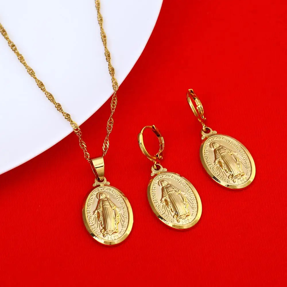 Gold Color Virgin Mary Jewelry Set Trendy Our Lady Women Men Pendant Necklaces