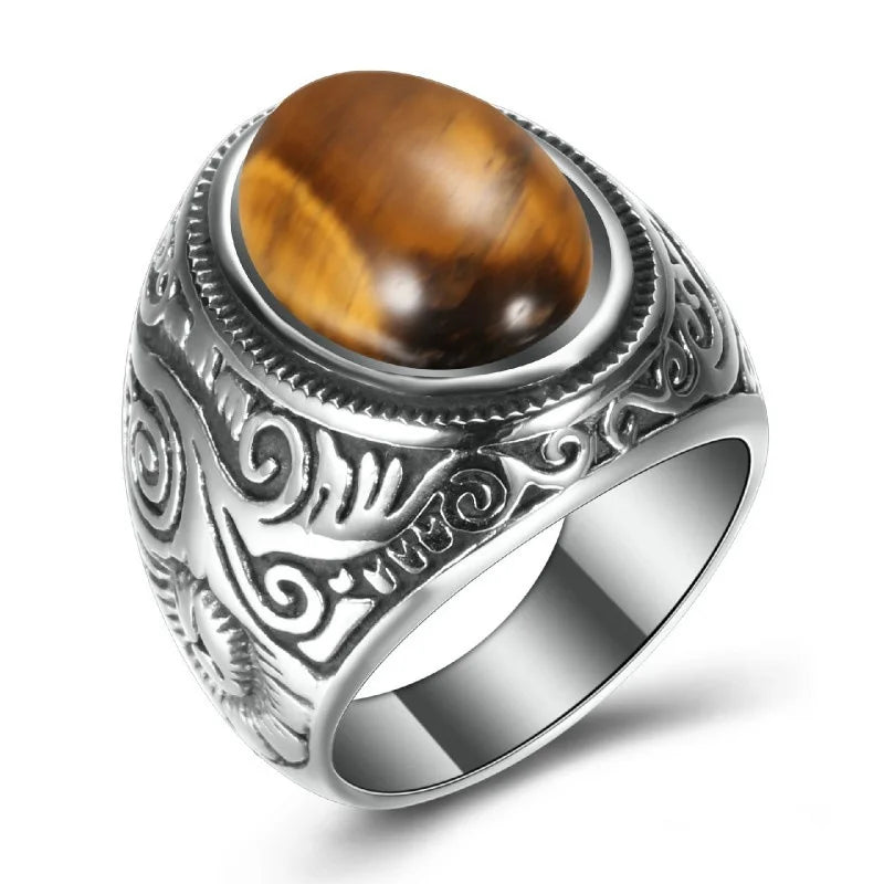 HNSP 316L Stainless Steel Natural Stone Ring For Men Vintage Jewelry Tiger Eyes Stone Rings