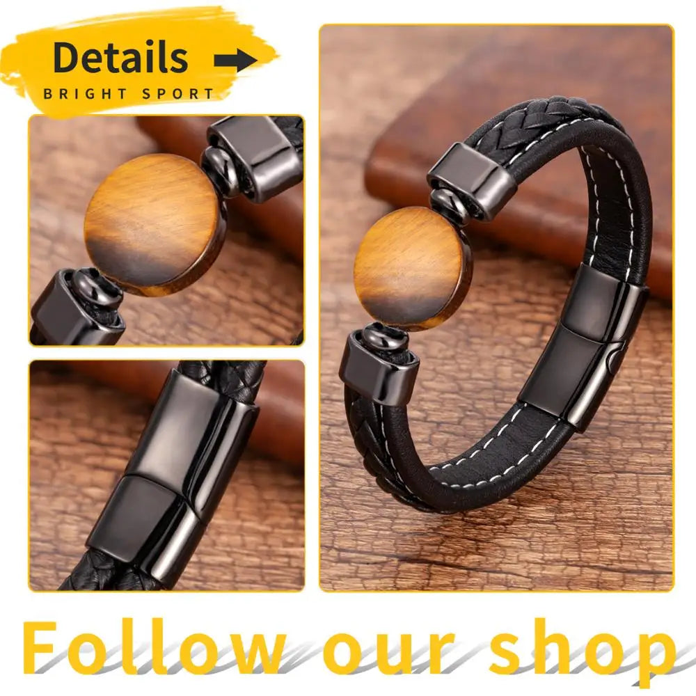 Charm Stone Bracelets Classic Black Weave Leather Rope Chain Natural Round Stone Bangles & Bracelet 2020 Fashion Men's Jewelry - Hiron Store