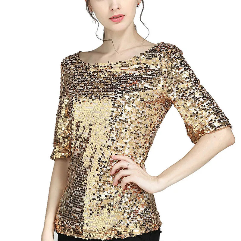 Women Shiny Stretch Tops Female Sequin Embroidery Five-point Sleeve Loose Blouses Streetwear