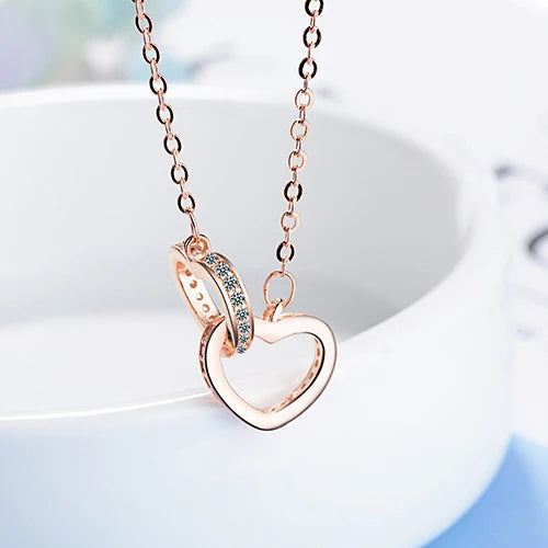 Sterling Silver Necklace Pendant Rose Gold Double Heart Crystal Jewelry