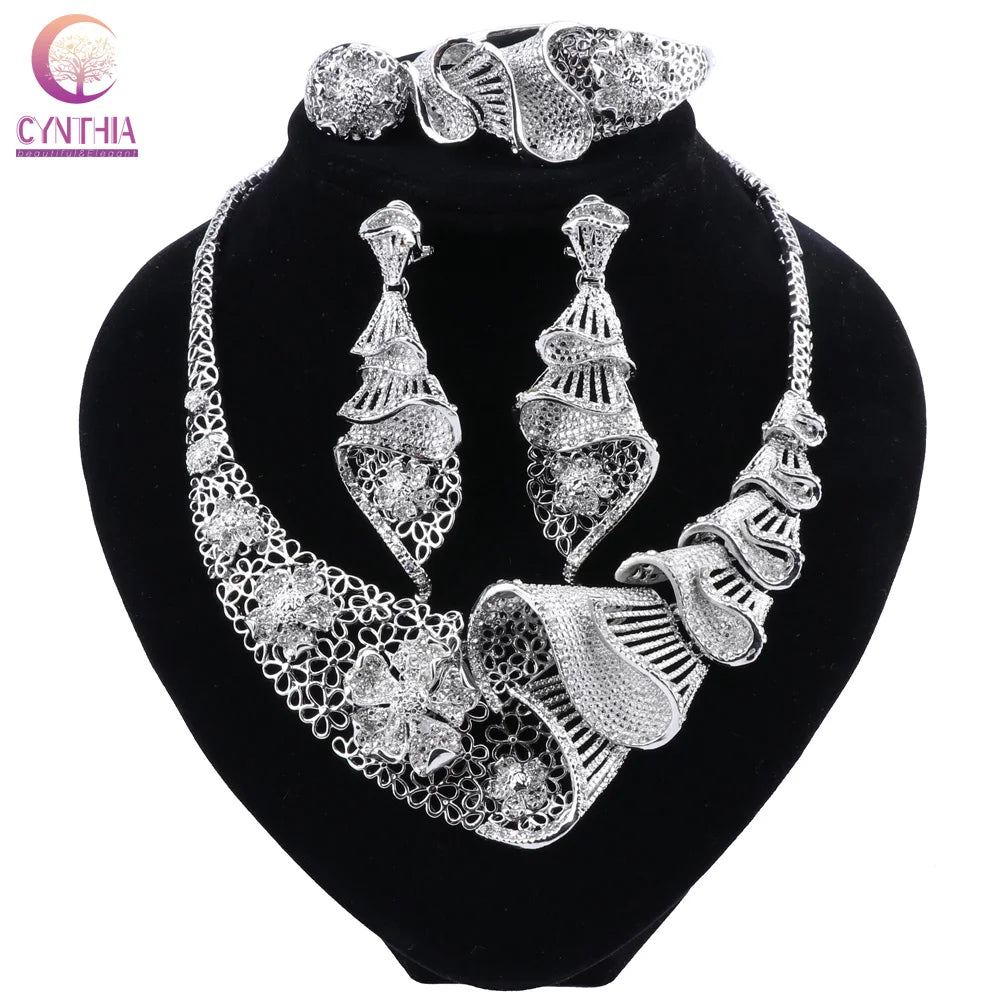 Bridal Jewelry Sets Dubai Silver Plated Crystal Necklace Bracelet Earrings Ring Set