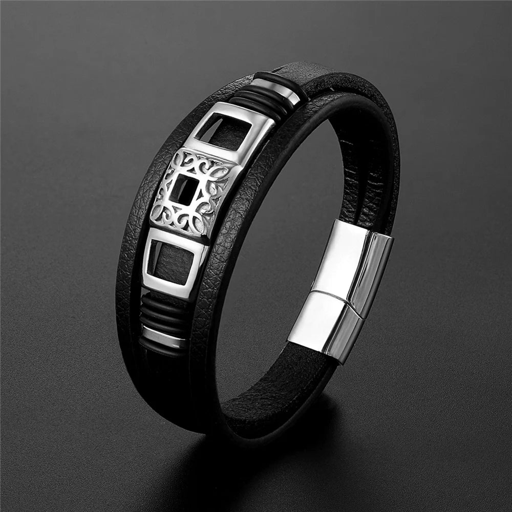 High Quality Luxury Accessories Bracelet Men's Fashion Gift Black Genuine Leather Bracelets DIY Combination Wild Handsome Gift - Hiron Store