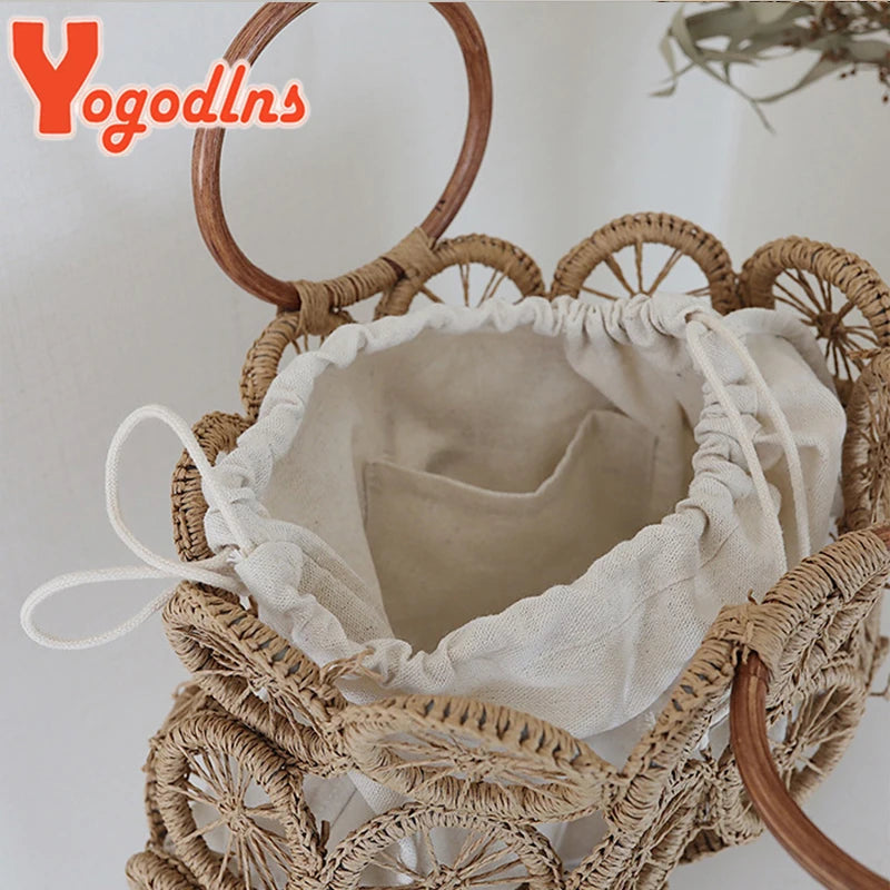 Yogodlns Summer Hollow Out Straw Bag Women Handmade Weave Handle Bag Beach Ladge Capacity Handbag Casual Rattan Lady Beach Bag - Hiron Store