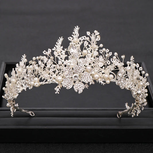 Silver Colour Crystal Flower Crown For Bride Luxury Barque Crown Wedding Hair Accessories