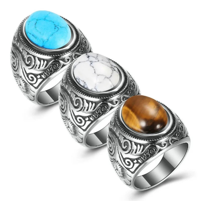 HNSP 316L Stainless Steel Natural Stone Ring For Men Vintage Jewelry Tiger Eyes Stone Rings