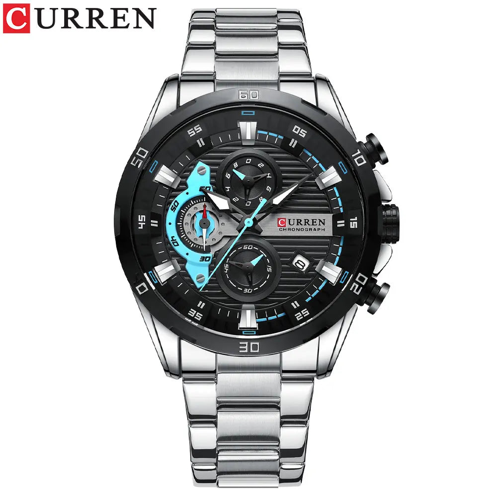 Waterproof Sport Quartz Chronograph Wristwatch Luxury Stainless Steel Clock