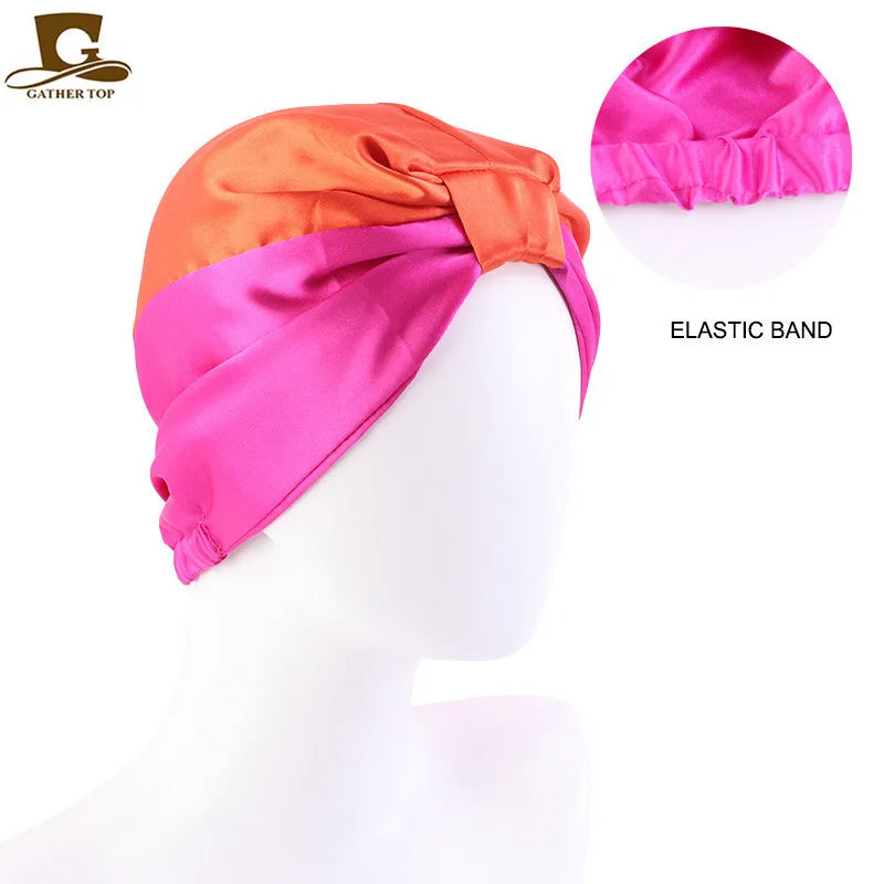 Silk Sleeping Bonnet Caps For Women Silky Headcover Double Layer Knotted Headband