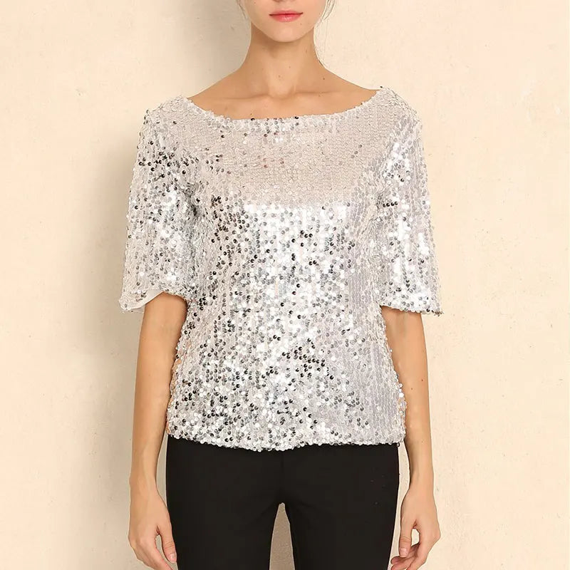 Women Shiny Stretch Tops Female Sequin Embroidery Five-point Sleeve Loose Blouses Streetwear