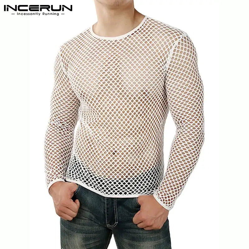 Men T Shirt Mesh Transparent O-neck Long Sleeve T-shirts Sexy Streetwear Fashion Party Nightclub Men Clothing S-5XL - Hiron Store