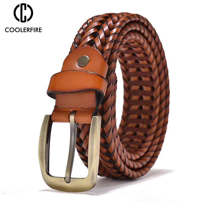 Men Genuine Leather Braided Belts Webbing High Quality Hand Vintage Belts for Men Gold Pin Buckle Casual for Jeans Strap HQ212 - Hiron Store