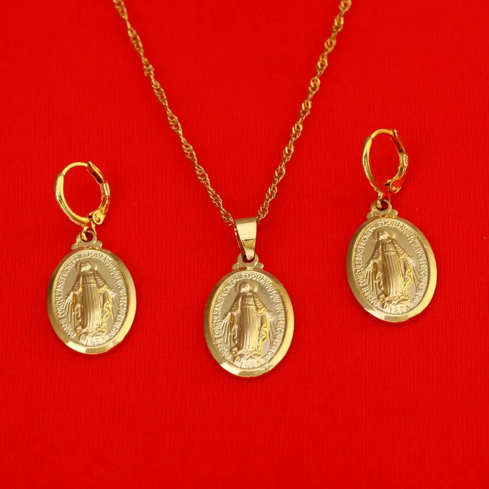 Gold Color Virgin Mary Jewelry Set Trendy Our Lady Women Men Pendant Necklaces