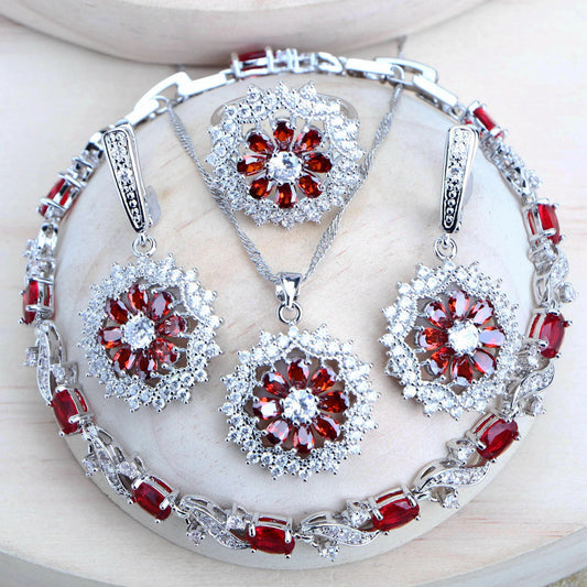 Silver 925 Bridal Jewelry Sets Cubic Zirconia Costume Jewellery Wedding Rings Earrings Pendant Bracelets Necklace For Women - Hiron Store