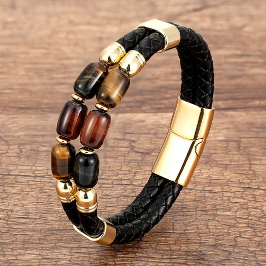 High Quality Natural Tiger Eye Bracelets For Men Multilayer Braided Leather Rope Women Bracelets Trendy Handmade Stone Jewelry - Hiron Store