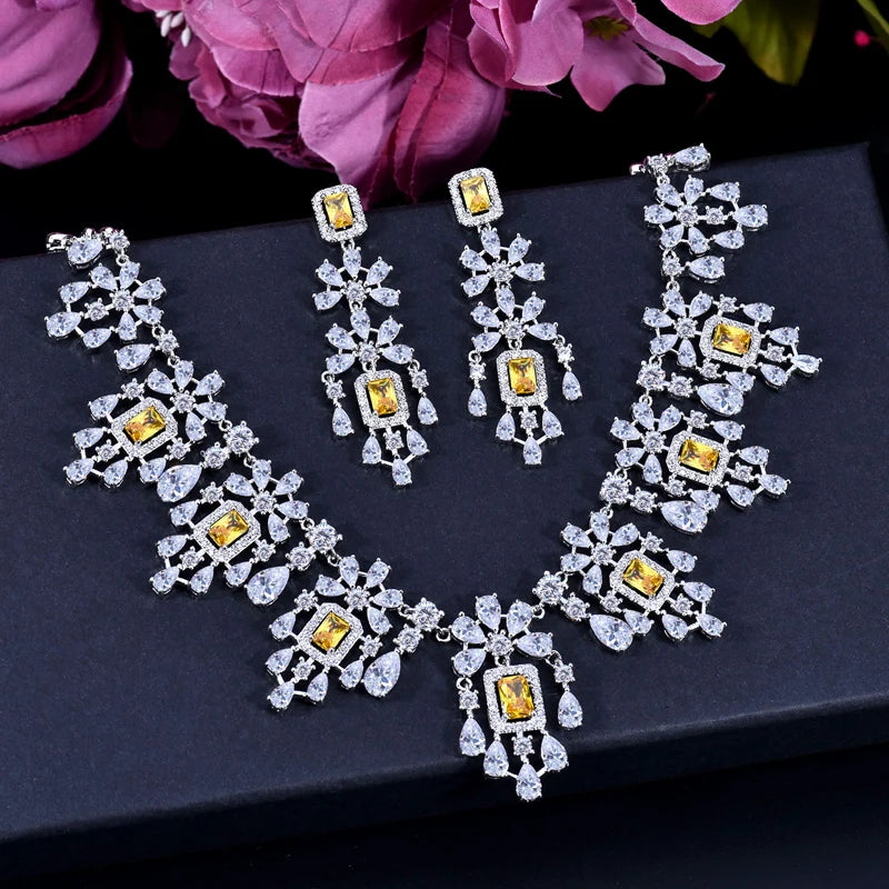 Costume Jewellery Set for Women Yellow Cubic Zirconia Tassel Square Drop Necklace Earrings