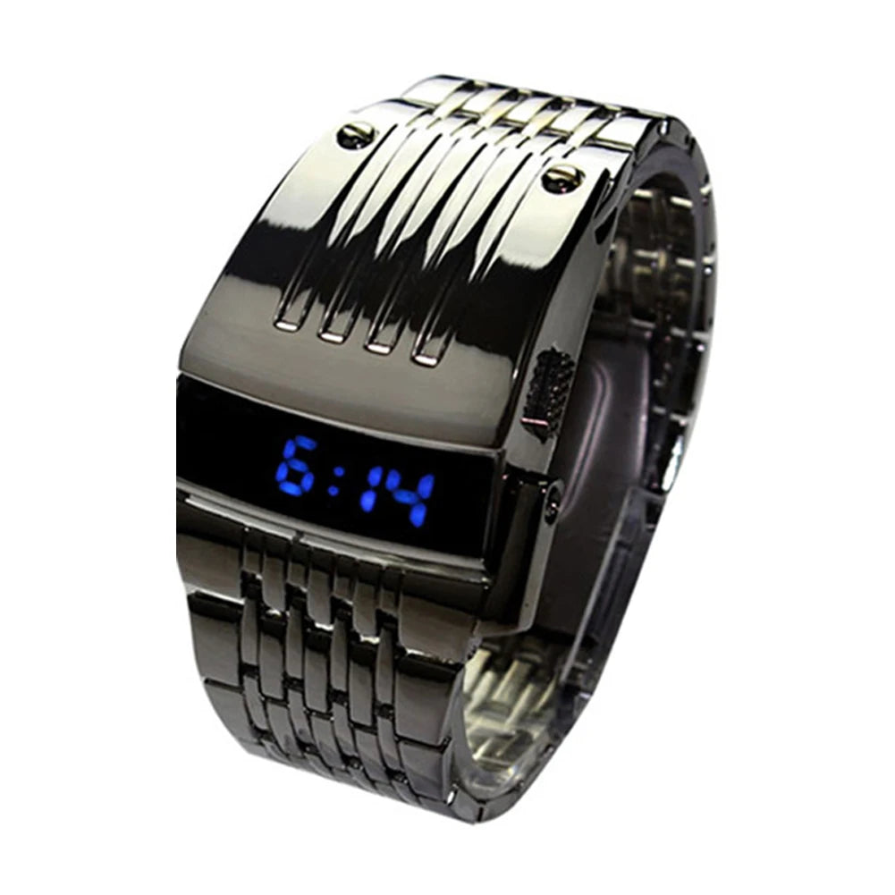 Fashion Blue LED Display Wide Stainless Steel Band Men Digital Wrist Watch Gift