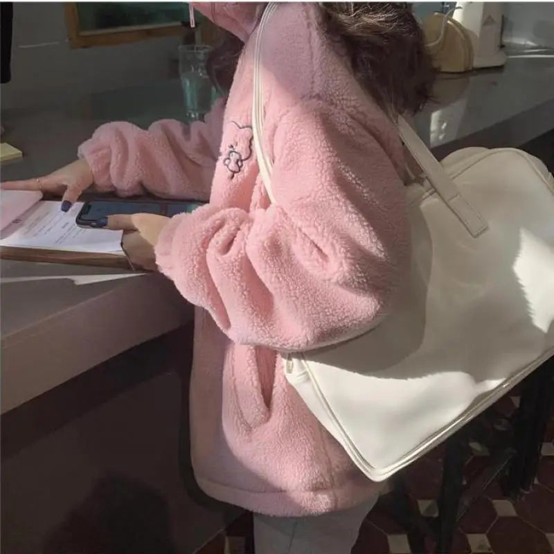 Winter Letter Pink Zipper coat Lamb Wool Keep Warm Mid-length Women Sweatshirt