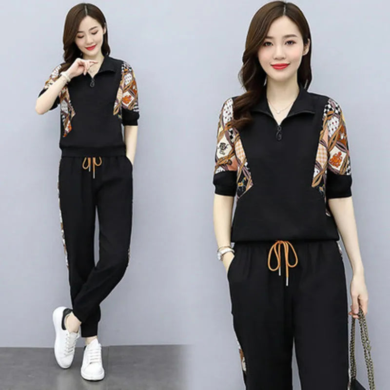 Women's Fashion Pencil Pant Suit 2024 New Summer Leisure Clothing Foreign Style Crop Top Two Piece Set Women Leggings Tracksuit - Hiron Store