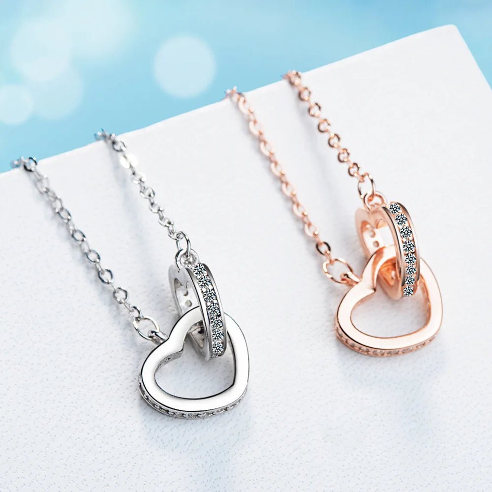 Sterling Silver Necklace Pendant Rose Gold Double Heart Crystal Jewelry