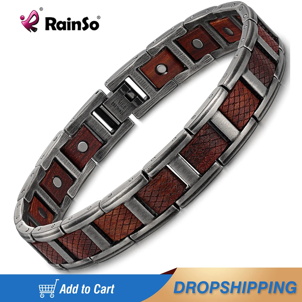 Rainso Fashion Stainless Steel Bracelets &  Zebrawood Charm Magnetic Wristband