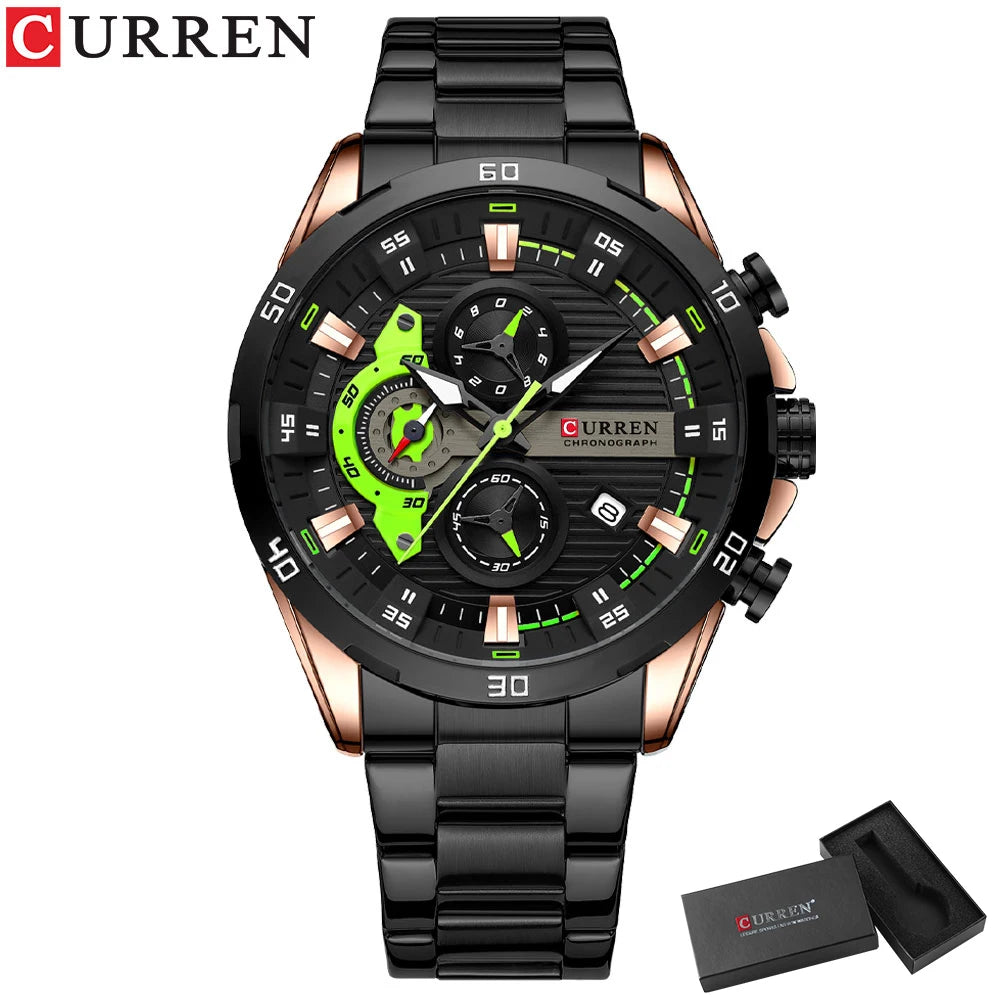 Waterproof Sport Quartz Chronograph Wristwatch Luxury Stainless Steel Clock