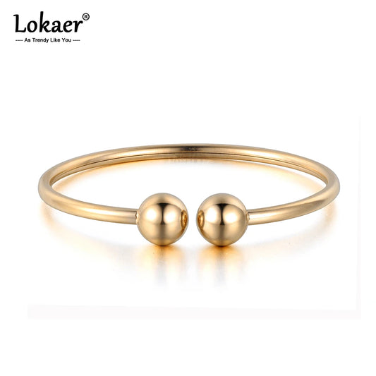 Lokaer Stainless Steel Double Ball Open Cuff Bangles For Women Trendy Rose Gold Plated