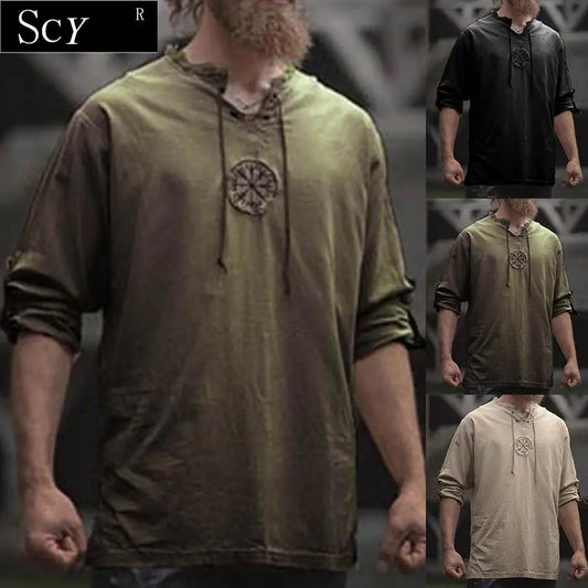 Men Shirt Top Embroidery Lace Up V Neck Long Sleeve Shirt's