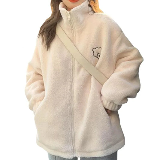 Winter Letter Pink Zipper coat Lamb Wool Keep Warm Mid-length Women Sweatshirt