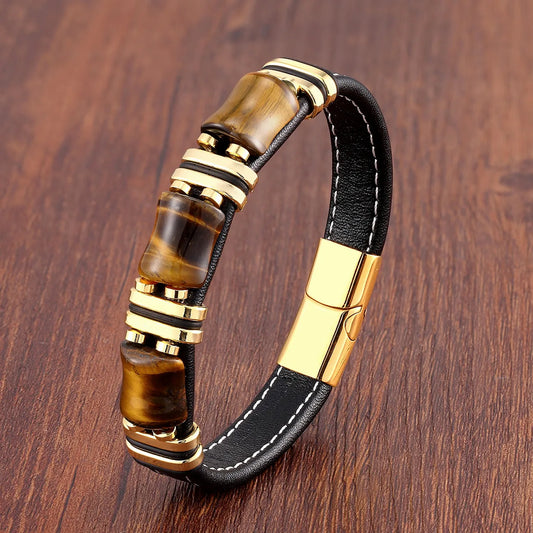 Natural Stone,Tiger Eye Bracelet,Black Leather Rope Chain,Men Bracelet,Stainless Steel Bracelet,Women Fashion Jewelry,Wholesale - Hiron Store