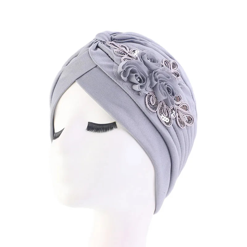 New Flower Decoration Turban, Solid Color Women's Head Wrap, Fashion Headwear, Bandana Cap