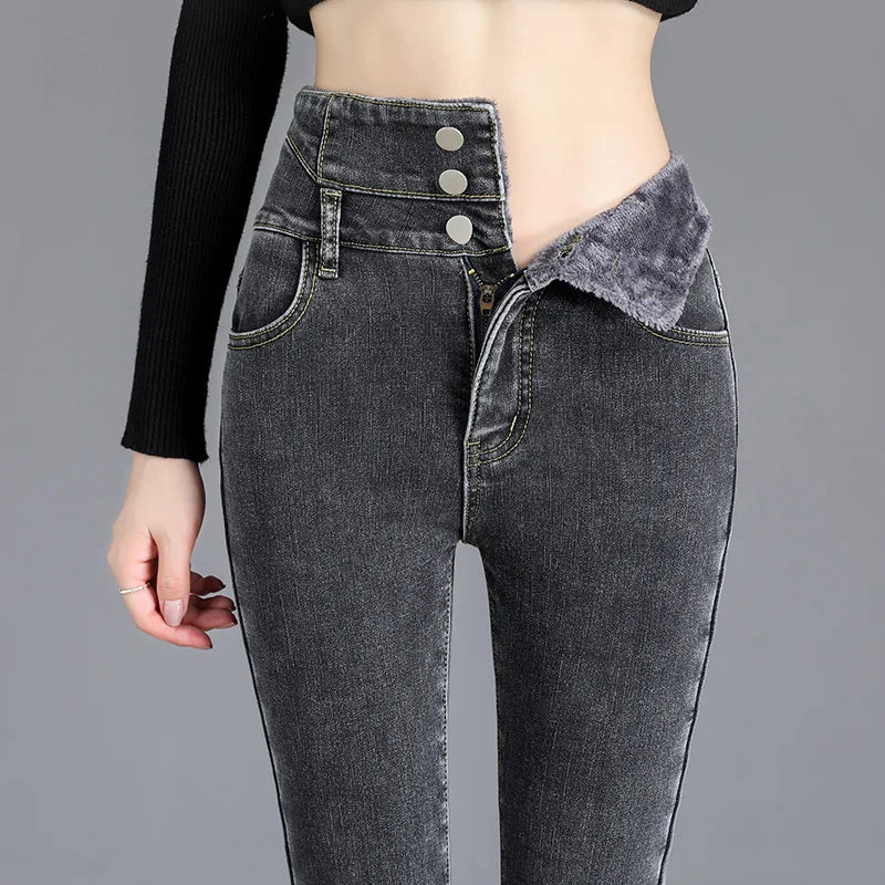 Warm Jeans Thick Women Stretch Button Pants Mom Casual Velvet Jeans