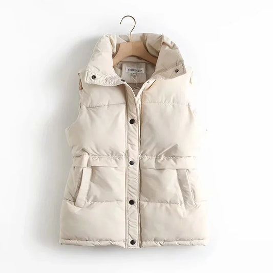 Winter Women Solid Loose Vest Drawstring Stand Collar Long Vest Jacket  Cotton Padded Windproof Warm Waistcoat