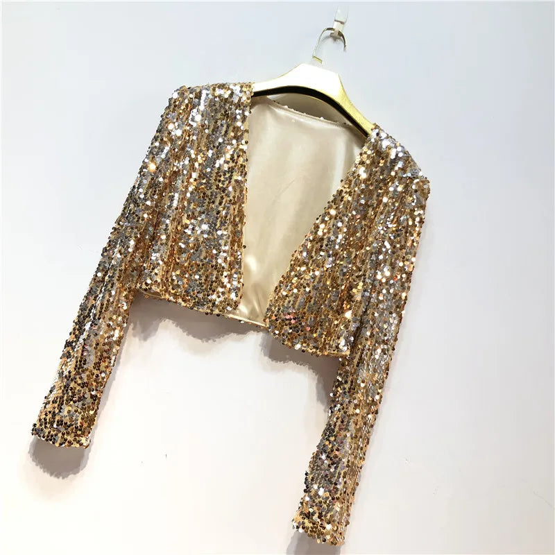 Women Coat Shining Sequined Long Sleeve Cropped Length Open Front Bolero Shrug Sequin Cardigan Short Jacket