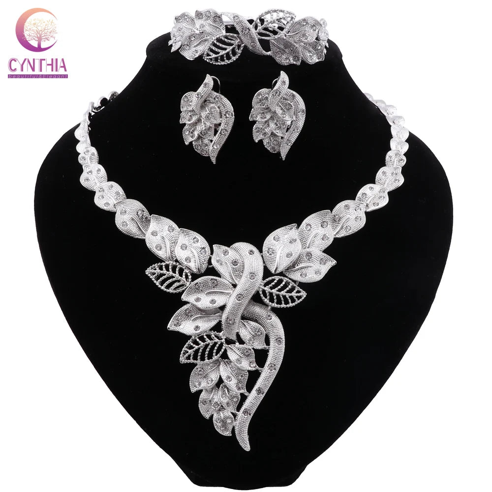 Dubai Silver Plated Necklace Bracelet Earrings Ring Jewelry Set for Women